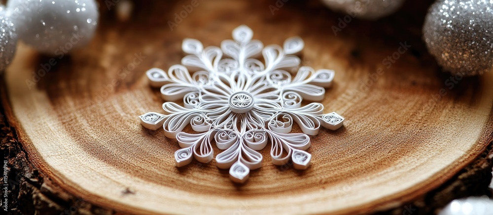 Poster quilled paper snowflake design displayed on a rustic wooden surface surrounded by festive decoration