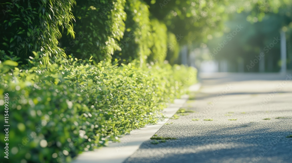 Aufkleber Lush greenery lining a tranquil roadside during daylight creating a serene and inviting atmosphere for outdoor walks and leisure activities