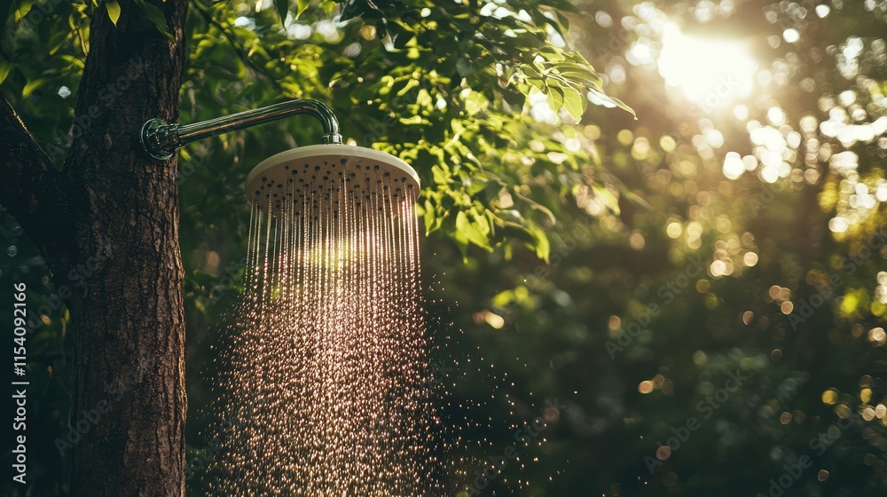 Poster Outdoor shower surrounded by greenery with sunlight filtering through leaves creating a serene and refreshing ambiance in nature.