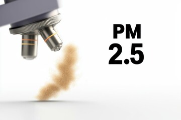 The image depicts a microscope focusing on particulate matter labeled PM 2.5, highlighting concerns about air quality and pollution.