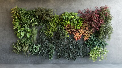 Vertical garden with a variety of ornamental plants showcasing lush greenery against a modern concrete wall design