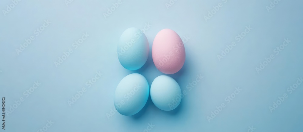 Poster pastel colored easter eggs arranged on a soft blue surface in a flat lay perspective ideal for sprin