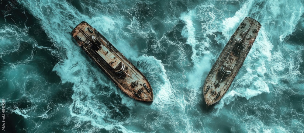Poster dramatic aerial view of two ships navigating turbulent sea waters creating contrasting waves ideal f