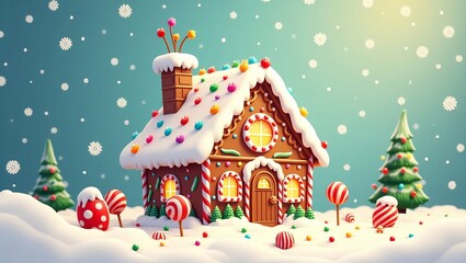 Fototapeta premium Colorful Gingerbread Cottage in a Magical Winter Wonderland