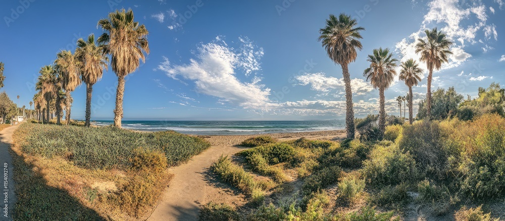 Poster coastal panorama featuring palm trees and sandy beach with a clear sky and ocean waves in the backgr