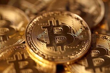 Bitcoins spread across full image, close up crypto currency heaped in a pile background