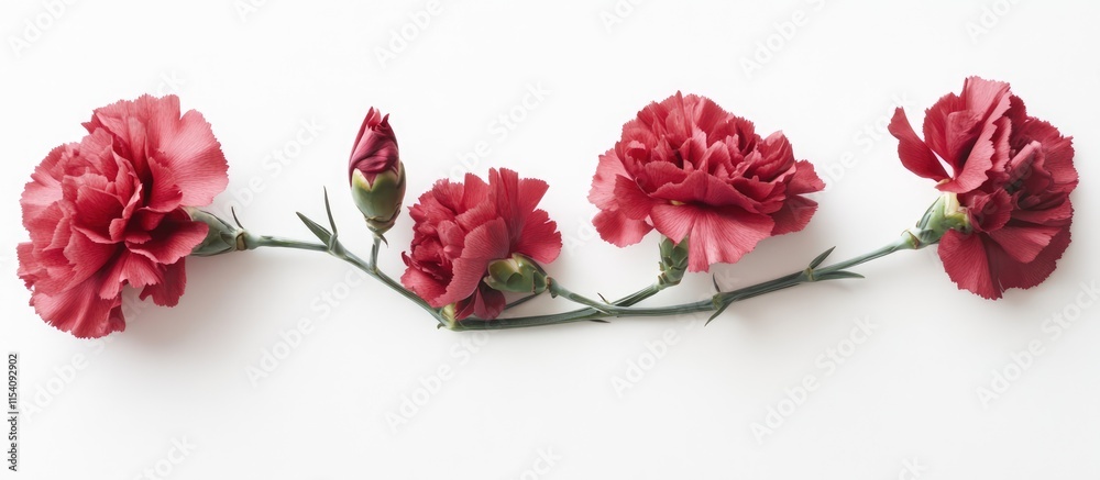 Poster perennial carnations in shades of red arranged elegantly on a clean white background for floral desi