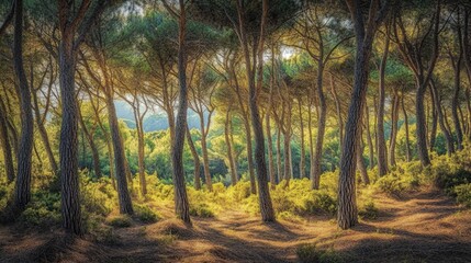 Fototapeta premium Sunlight Filtering Through Pine Trees in a Lush Forest Landscape Capturing Nature's Serene Beauty and Tranquility
