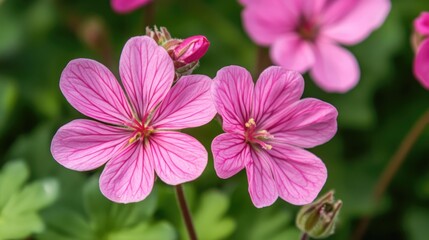 Delicate pink flowers in close-up showcasing intricate petals and vibrant colors in a lush green garden backdrop.