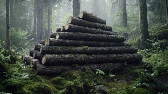 Pine logs arranged in a pyramid formation in a misty forest for a traditional June ritual fire celebration - Powered by Adobe