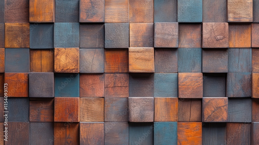 Poster textured abstract wooden wall featuring a variety of colored and patterned wood planks in a contempo