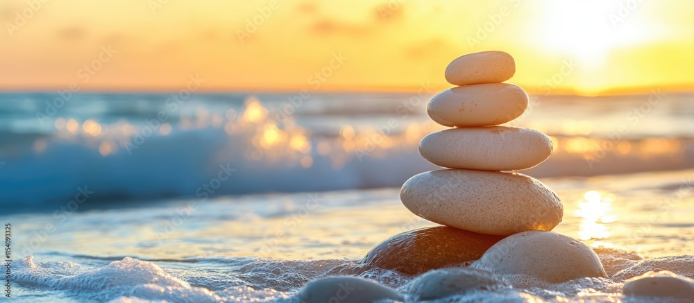 Poster pebbles balanced on the beach with gentle waves and a vibrant sunrise creating a serene coastal land