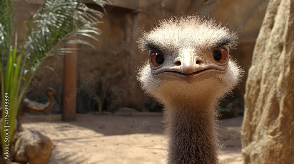 Poster curious ostrich close-up captured in a zoo environment with fluffy muzzle and intense eyes