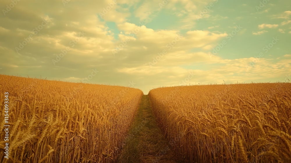Poster golden wheat fields under a vibrant sky with colorful clouds at sunset creating a serene agricultura