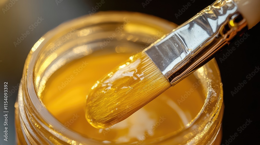 Poster Closeup of a paintbrush dipping into a jar of vibrant yellow paint showcasing texture and color for art and design projects.