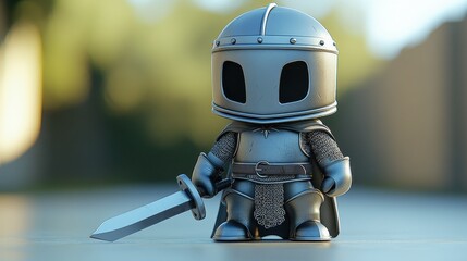 Fototapeta premium A cute armored knight figurine holding a sword, set against a blurred background.