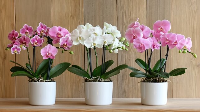 Beautiful arrangement of pink and white orchid plants in modern pots against a wooden backdrop showcasing vibrant floral elegance.