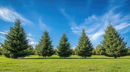 Fototapeta premium Pine tree garden under bright blue sky with wispy clouds showcasing lush greenery and vibrant natural scenery for outdoor nature themes.