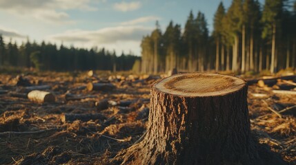 Pine tree logging aftermath depicting stumps and logs highlighting deforestation impacts on the environment and sustainability efforts