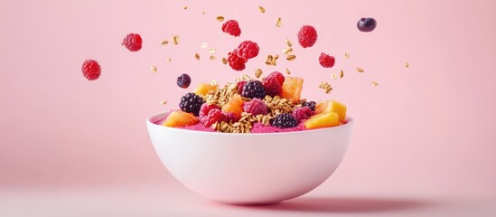 Vibrant pink berry smoothie bowl topped with fresh fruits, berries, and granola against a soft pink backdrop Healthy vegan meal idea