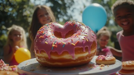 A large pink donut sits center stage, surrounded by happy children with balloons. Joyful moments filled with sweetness and laughter.