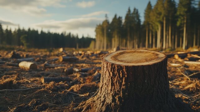 Pine tree logging aftermath depicting stumps and logs highlighting deforestation impacts on the environment and sustainability efforts - Powered by Adobe