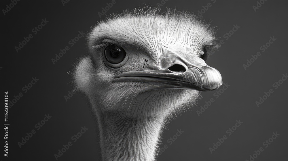 Poster Monochrome portrait of an ostrich showcasing its distinct features and textures in a striking isolated composition
