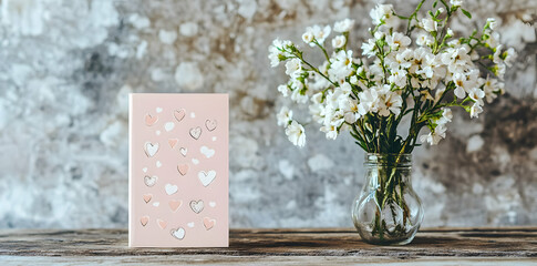 A pink card with heart designs beside a vase of white flowers on a rustic table.