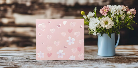 A pink card with hearts sits beside a vase of flowers on a wooden table.