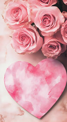A romantic composition featuring pink roses and a heart-shaped watercolor design.
