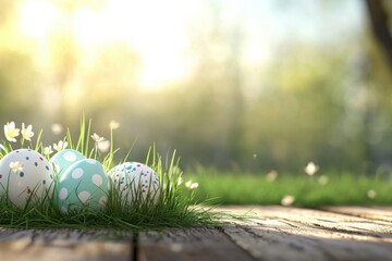 Colorful Easter eggs rest peacefully atop vibrant green grass, basking under warm sunlight,...