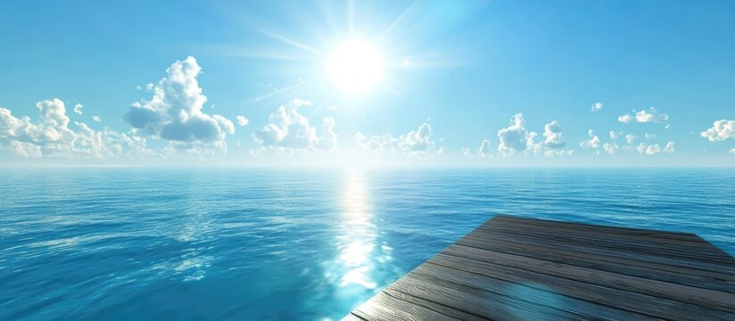 Serene ocean pier under a vibrant blue sky illuminated by the sun reflecting off tranquil waters and soft clouds in the distance