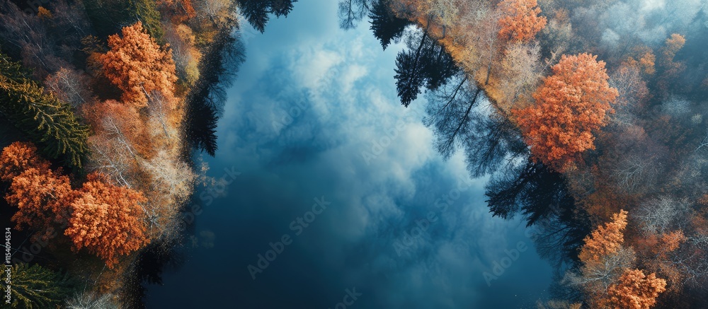 Aufkleber aerial view of a tranquil lake surrounded by autumn foliage reflecting the sky and colorful trees in