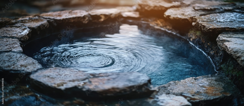Poster Serene natural hot spring with smooth stone surround creating a tranquil atmosphere for relaxation and rejuvenation in nature