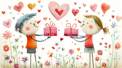 Two children exchanging gifts surrounded by hearts and flowers, celebrating love and friendship.