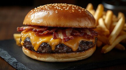 Delicious Cheeseburger Topped With Bacon And Served With Fries