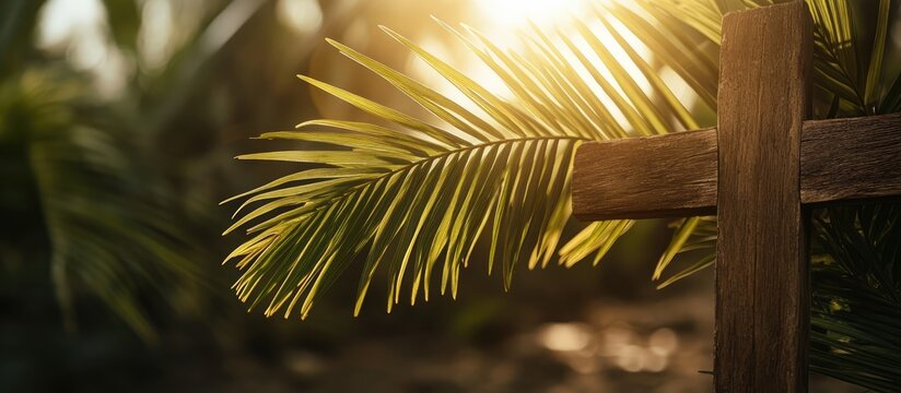 Palm tree leaves resting on a wooden cross symbolizing faith and renewal during a spiritual procession in a serene natural setting