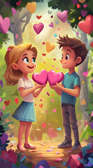 A cheerful illustration of two children holding pink hearts surrounded by a colorful, romantic setting.