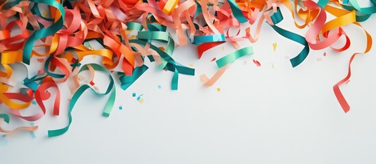 Fototapeta premium Colorful party flatlay with streamers and confetti on a clean background ideal for celebrations and advertising festive events.
