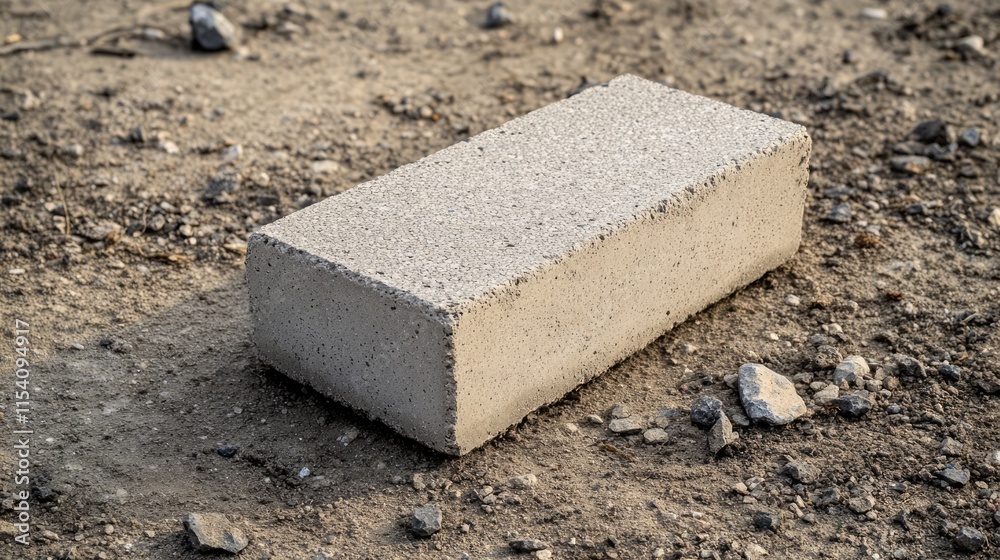 Poster Concrete block on gravel surface showcasing texture and shadows in a construction or landscaping environment suitable for building projects.
