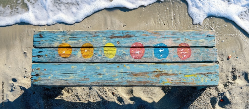 Poster colorful painted wooden table with beach rules displayed against a sandy background and ocean waves 