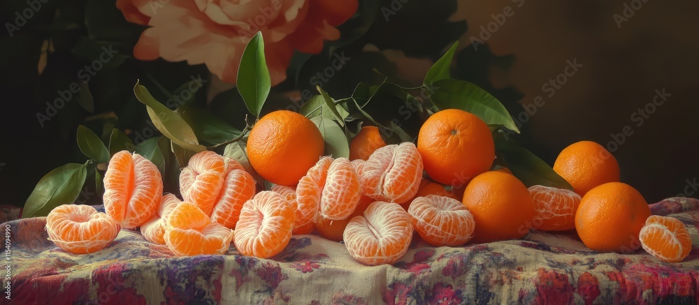 Poster peeled and whole tangerines arranged on a decorative table with floral background showcasing vibrant