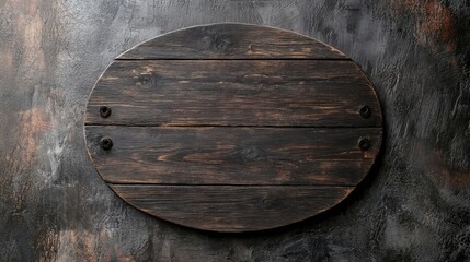 Dark wooden oval signboard on textured background for branding or signage purposes. Ideal for rustic or vintage design concepts.