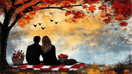 Couple enjoying autumn picnic under tree.