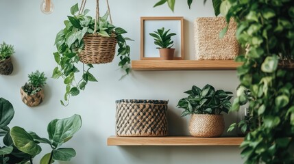 Fototapeta premium Stylish minimalistic home interior with green plants and decorative shelves featuring wooden frames and geometric pots against a light wall background