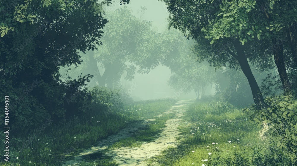 Aufkleber Mysterious fog envelops an overgrown path through a lush green forest creating a tranquil and serene atmosphere for nature lovers.