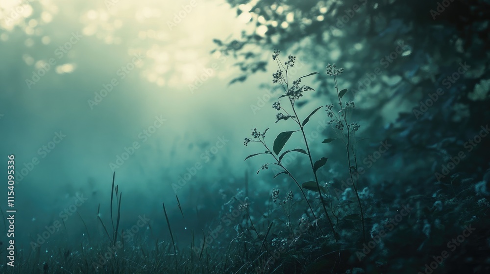 Aufkleber misty forest scene with soft light and delicate flowers creating an enchanting outdoor atmosphere fo