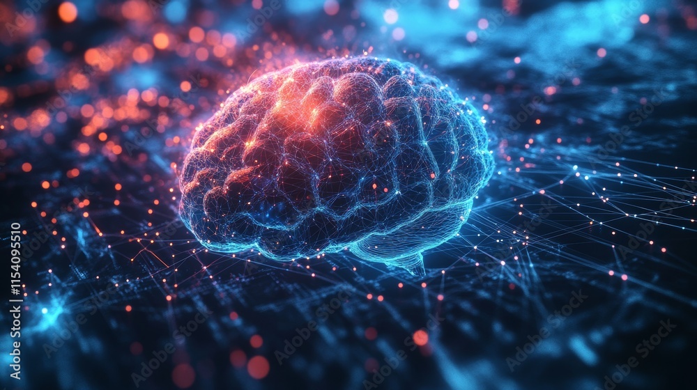 Poster colorful digital brain representing neural networks and cognitive processes in a futuristic setting