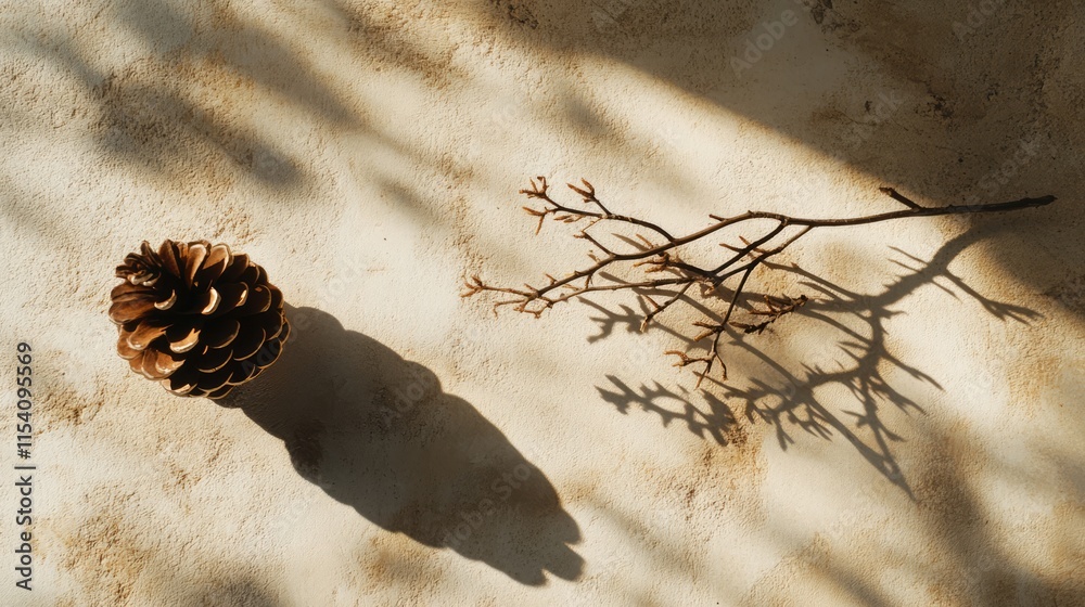 Poster pine cone and twig casting shadows on textured background with space for text in flat lay compositio