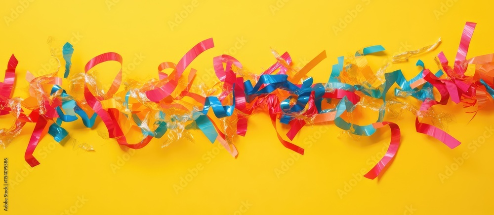 Poster colorful party streamers in vibrant hues against a bright yellow background creating a festive atmos